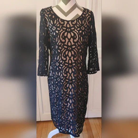 Glamour | Dresses | Black Wide Flower Lace Dress With Tan Underlining |  Poshmark